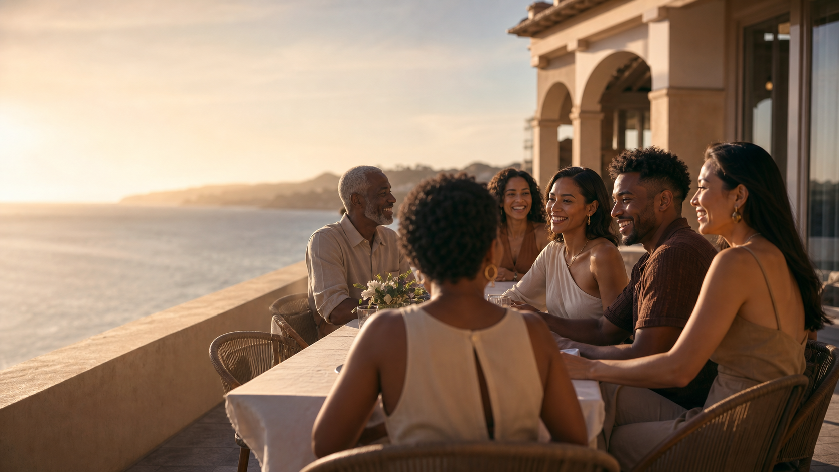 Travelers sharing a warm moment together on a coastal terrace